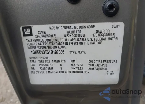 2001 GMC Yukon Slt from USA, damaged, VIN 1GKEC13T51R197886